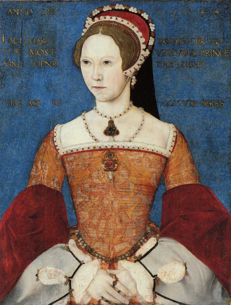 Porträtt av Mary I eller Mary Tudor (1516-58), dotter till Henrik VIII, vid 28 års ålder, 1544 (panel) av Master John