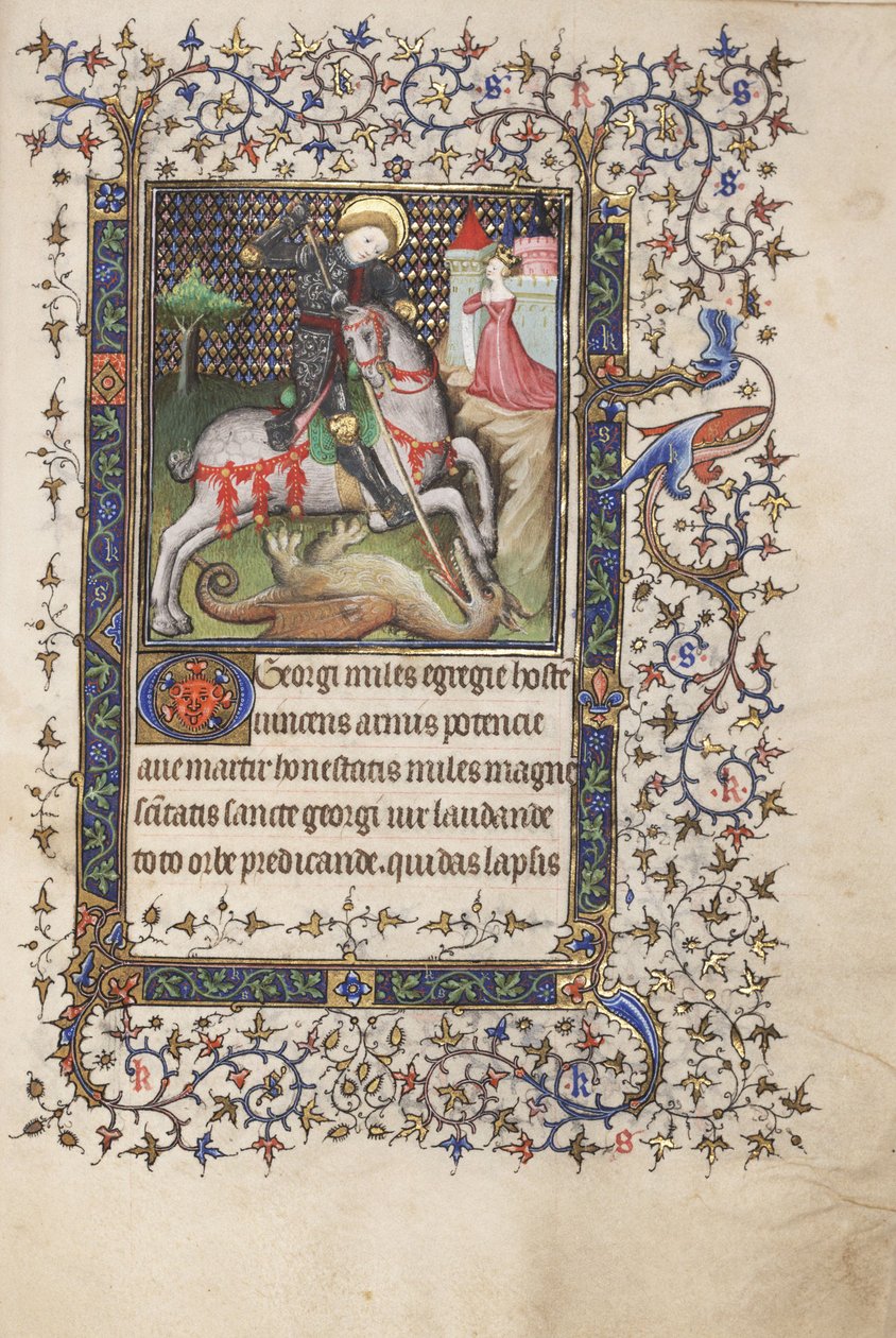 MS Widener 4 f.188r, St. George Fighting the Dragon, från a Book of Hours, användning av Rennes, c.1405 (penna & bläck och tempera på veläng) av Master Lucon