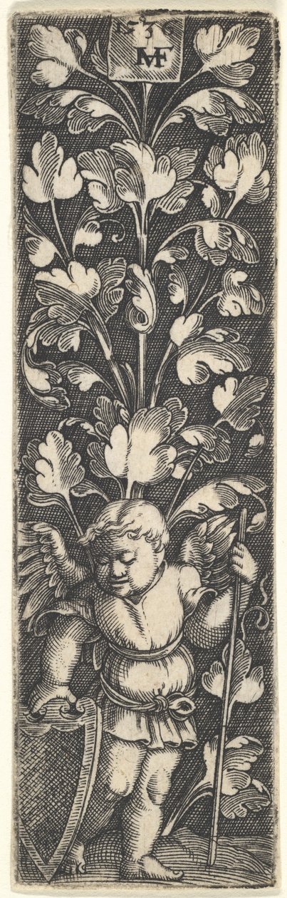 Prydnad med ett geni som håller en sköld, 1536. av Master MVHF