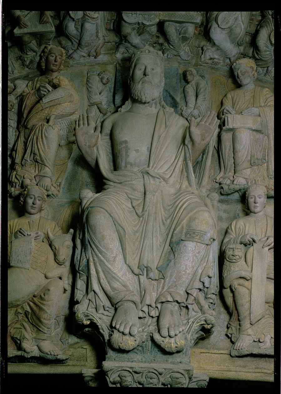 Detalj av Portico de la Gloria föreställande Kristus i majestät sten av Master Mateo