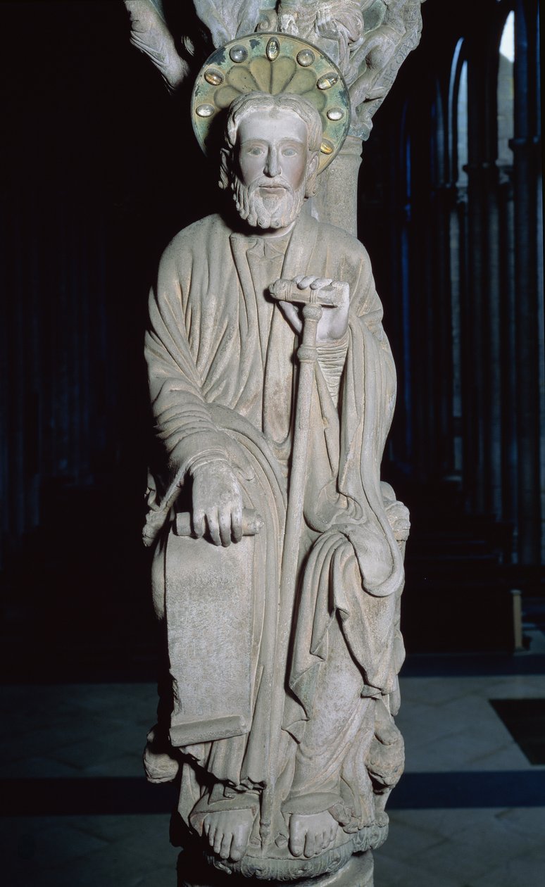 Detalj av Portico de la Gloria föreställande St James, 1100-talssten av Master Mateo