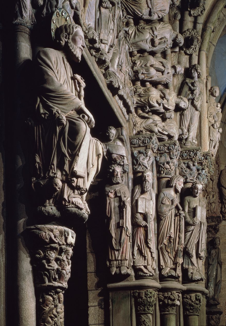 Detalj av Portico de la Gloria föreställande St James, sten från 1100-talet av Master Mateo