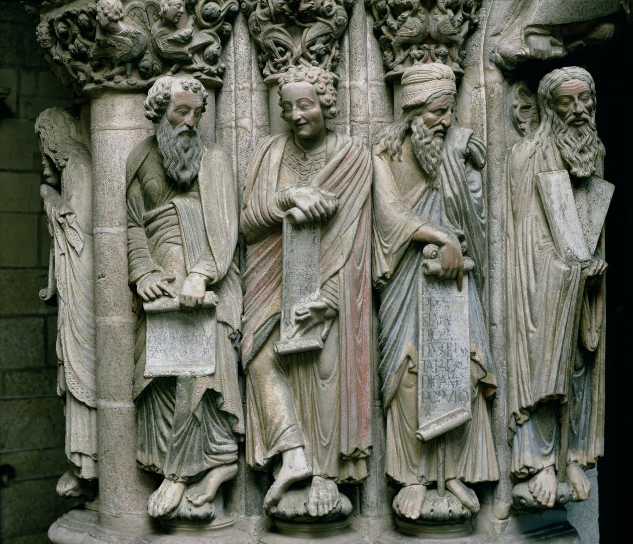 Detalj av Portico de la Gloria med Gamla testamentets profetsten av Master Mateo