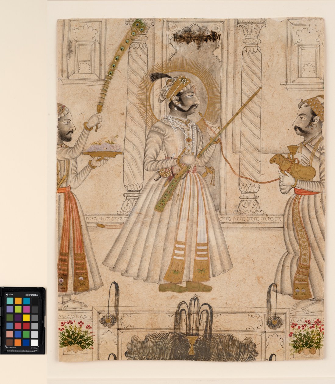 Maharana Amar Singh II röker en fårformad vattenpipa, ca 1705 (ogenomskinlig akvarell och guld på papper) av Master Stipple