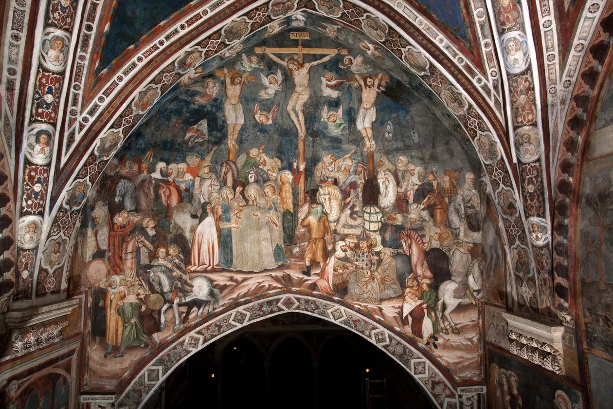 Korsfästningsfresken av mästaren på Sacro Speco. 1300-talet. Överlägsen kyrka. Klostret Saint Benedetto (Sacro Speco), Subiaco (Rom), Italien av Master Trecentesco of Sacro Speco School