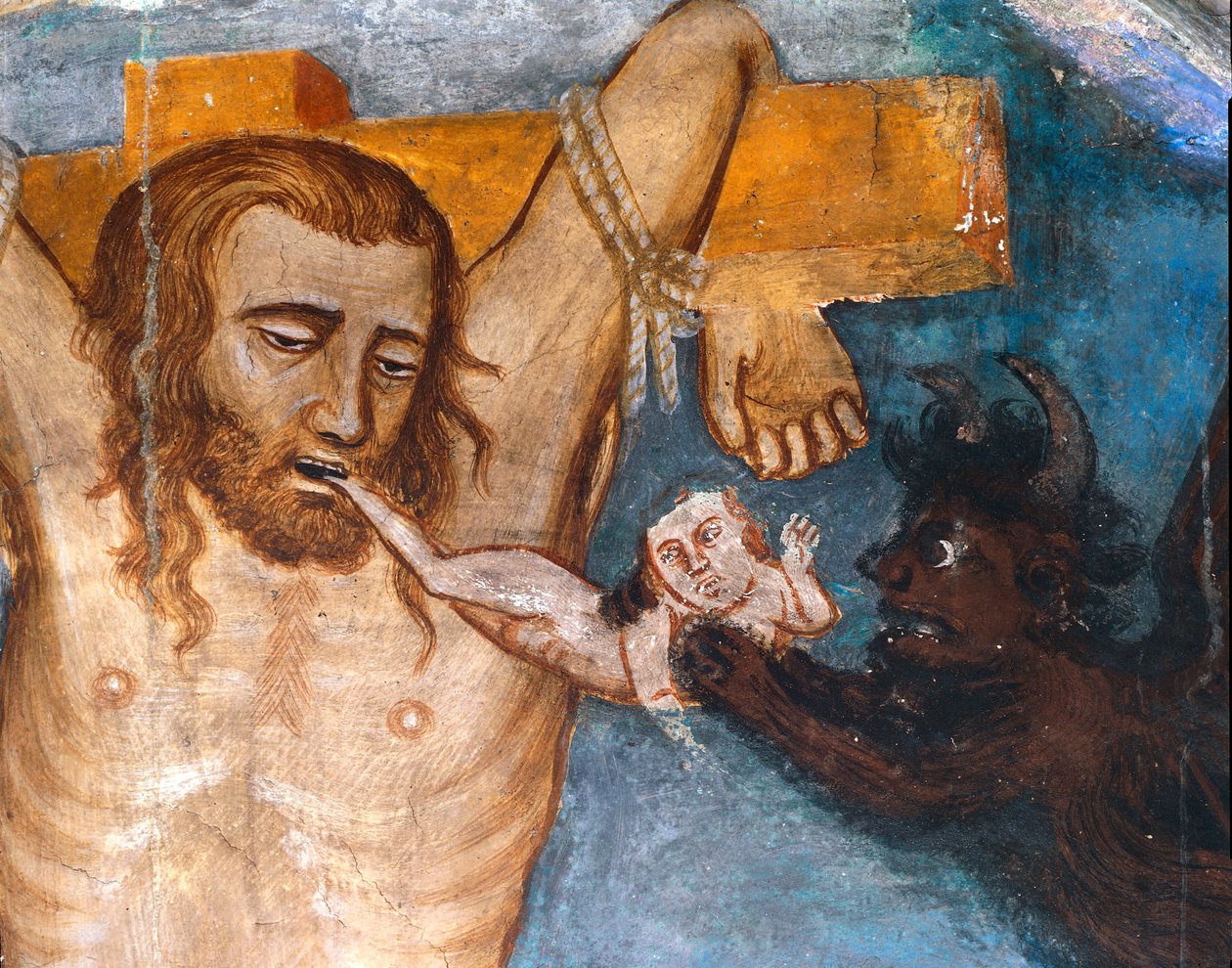 Den icke omvända tjuven, korsfäst med Jesus, hans själ slits ur hans mun av en demon. Representation av den onde tjuven kallar Gesmas eller Gestas. Fresk av Sacro Specos mästare. 1300-talet. Överlägsen kyrka. Klostret Saint Benedetto (Sacro Spec av Master Trecentesco of Sacro Speco School