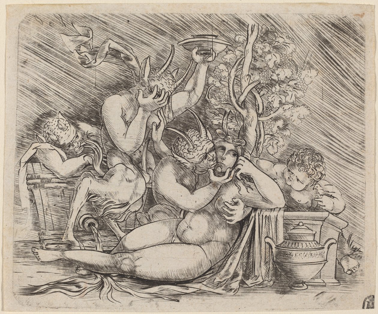 Bacchanalisk scen med satyrer och en maenad av Master of 1515