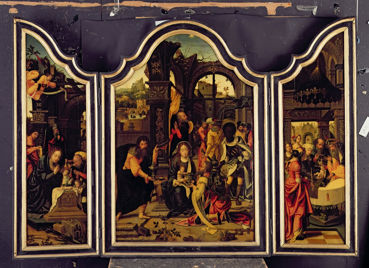 En triptyk; Tillbedjan av Magi; Födelsekyrkan och presentationen i templet; Bebådelsen av Master of 1518