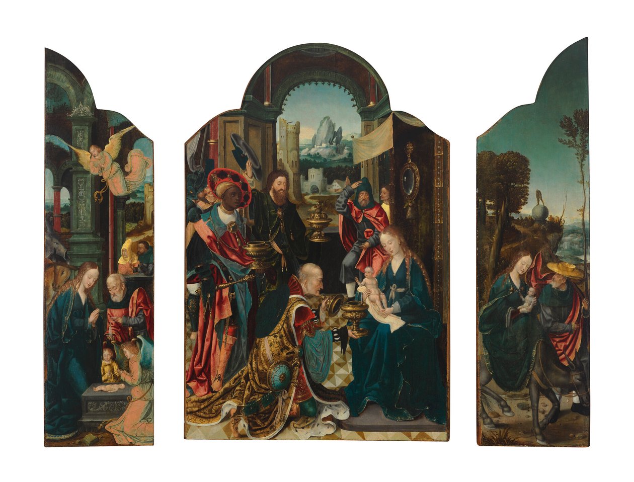 En triptyk: den centrala panelen: De vises tillbedjan; vänstra flygeln: Födelsen; den högra flygeln: Flykten till Egypten av Master of 1518