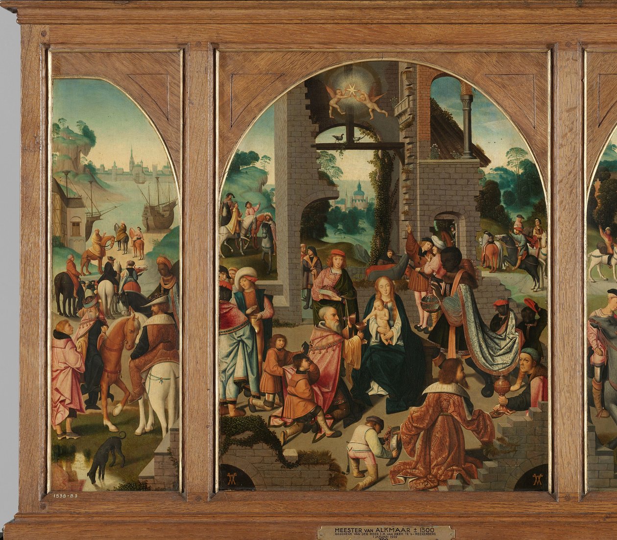 Triptyk med Adoration of the Magi (mitten och inre vingar), Saint Antony Abbot (vänster, yttre vinge) och Saint Adrian (höger, yttre vinge) av Master of Alkmaar (attributed to)