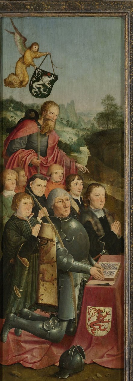 Minnespanel med åtta manliga porträtt, troligen Willem Jelysz van Soutelande och familj, med Saint James the Greater och Van Soutelande Family Crest, inre vänstra flygeln på en altartavla av Master of Alkmaar