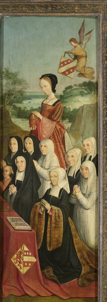 Minnespanel med nio kvinnliga porträtt, troligen Kathrijn Willemsdr van der Graft och familj, med Saint Mary Magdalene och Van Soutelande Family och Van der Graft-Van Soutelande Crests, inre högra flygeln på en altartavla av Master of Alkmaar