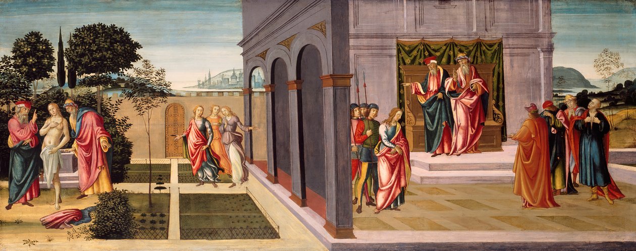 Susanna och de äldste i trädgården och rättegången mot Susanna inför de äldste, ca. 1500. av Master of Apollo and Daphne
