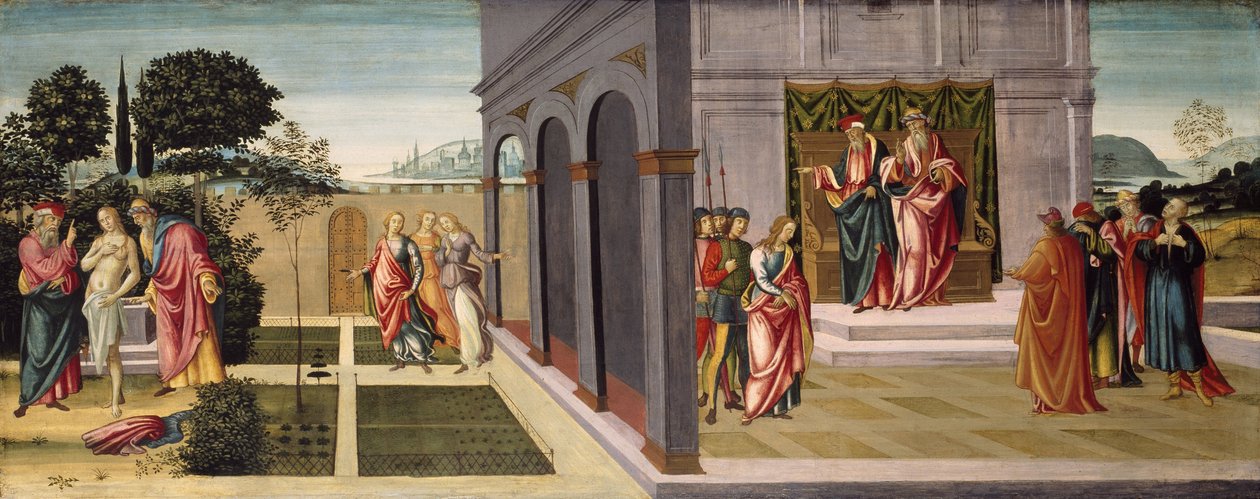 Susanna och de äldste i trädgården, och rättegången mot Susanna inför de äldste, ca 1500 av Master of Apollo and Daphne