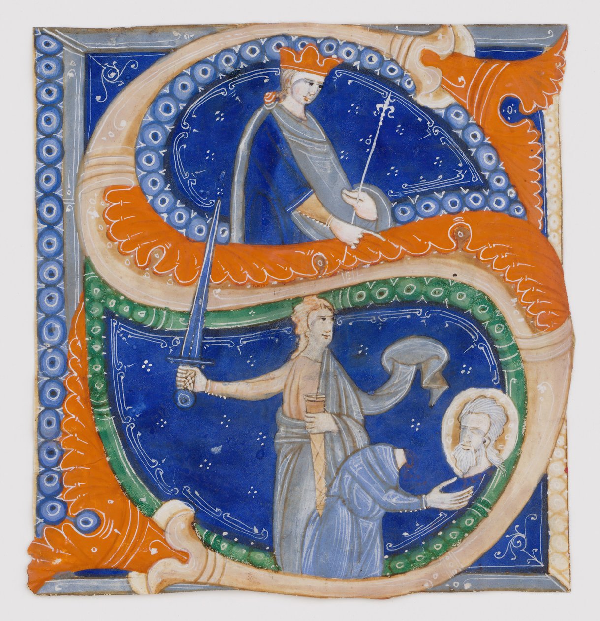 Manuskriptbelysning med halshuggning av Sankt Paulus i en initial S..., italienska, ca. 1278. av Master of Bagnacavallo