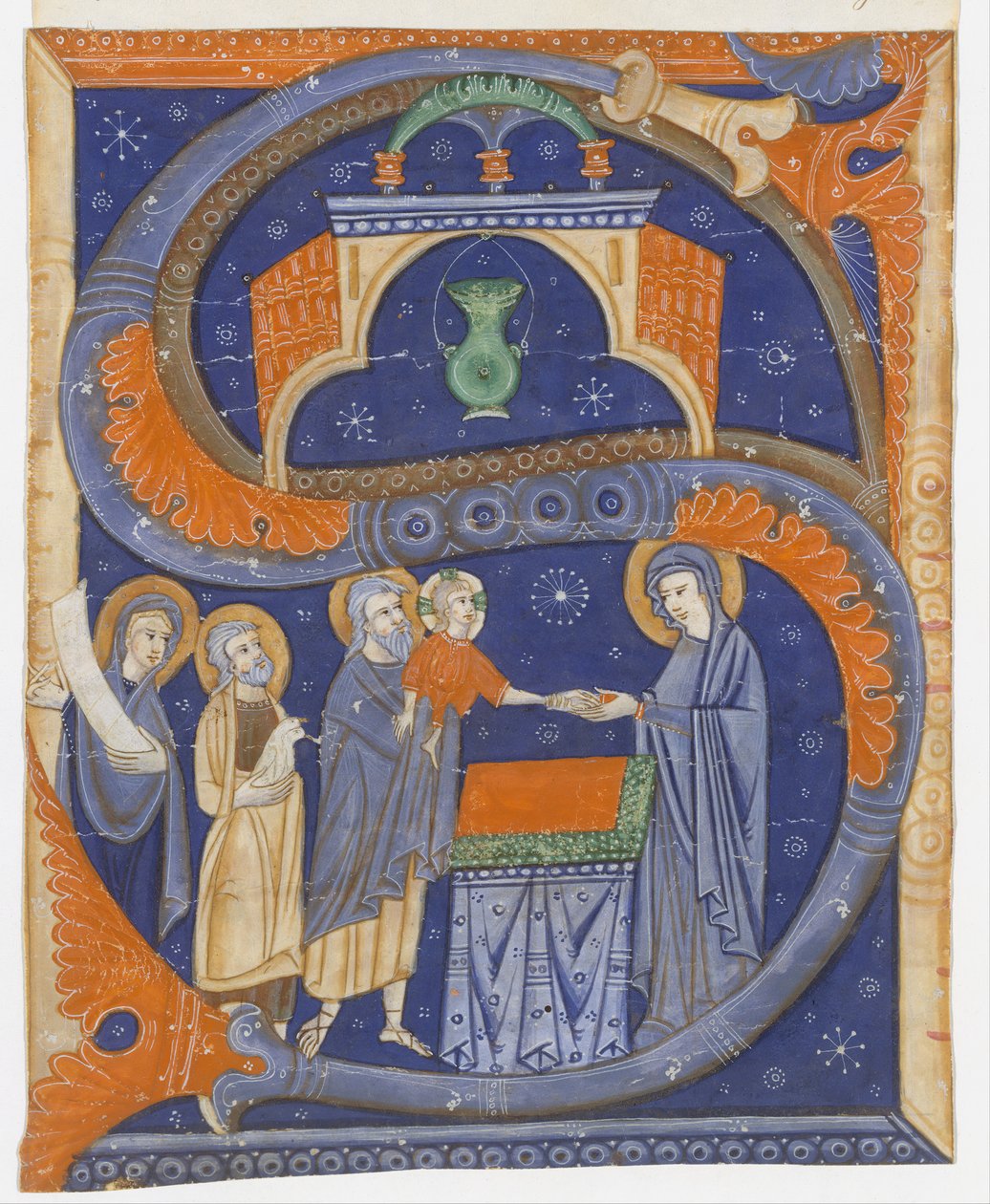 Manuskriptbelysning med presentation av Kristus i templet i en inledande S..., ca. 1278. av Master of Bagnacavallo