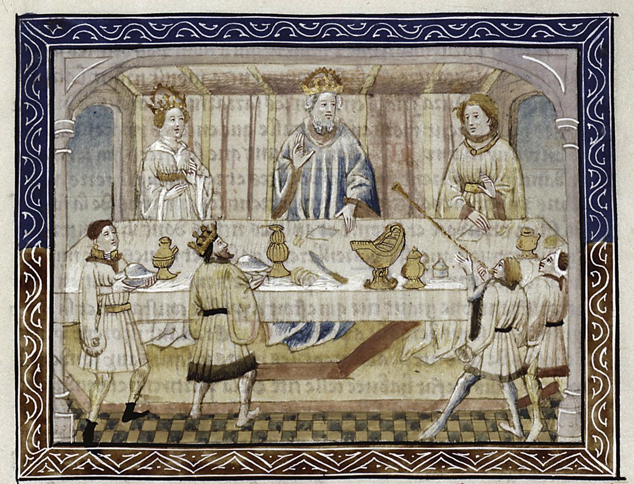 Caesar Augustus, hans hustru och son vid bordet Från: Jean Hayton, Flower of the storys from the land of the Orient, c.1410 av Master of Berry Apocalypse