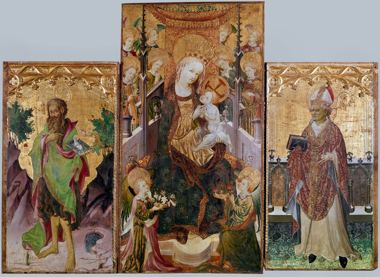 Jungfru med barn, Johannes döparen och den helige Ambrosius - Altartavla med tre panel, omkring 1430 av Master of Burgo de Osma