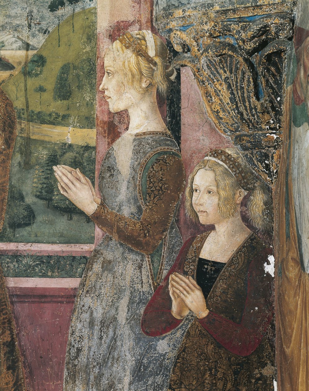 Italien, regionen Piemonte, provinsen Alessandria, Serralunga di Crea, Sacro Monte di Crea, Santa Maria Assunta-helgedomen, Sankt Margareta av Antiochias kapell, fresker föreställande Paleologo och Bernarda di Bosse av Master of Crea