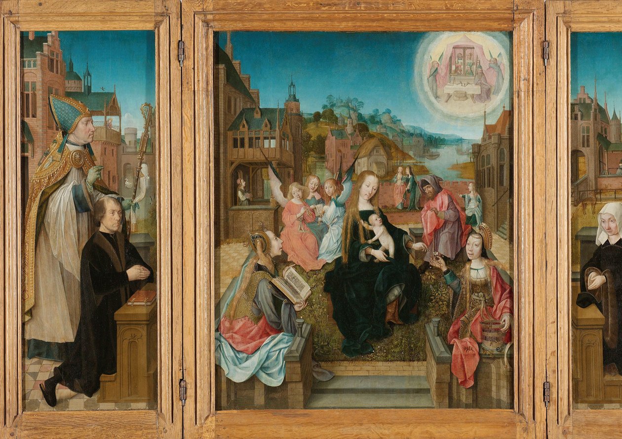 Triptyk med Jungfru och barn med heliga (mitten), manlig donator med Saint Martin (vänster, innervinge), kvinnlig donator med Saint Cunera (höger, innervinge) och bebådelsen (yttre vingar) av Master of Delft