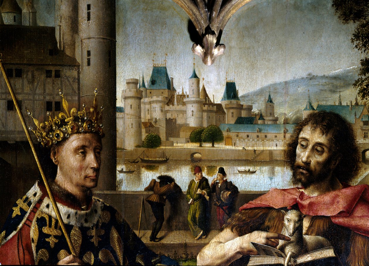 Korsfästelse Kristus på korset omgiven av Johannes döparen, Saint Denis, Karl I den store (Karl den Store), Ludvig IX (Saint Louis), Sainte Madeleine, Sainte Marthe - Detalj som representerar Saint Louis och Saint John the Baptist - Altartavla av P av Master of Dreux Bude (active c.1425 d.1450)
