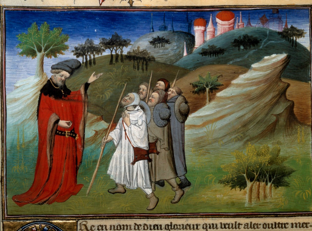 Des pelerins sur la route de la terre sainte Miniatyr i "" Voyages"" skriven av John (Jehan de Mandeville) (1300? - 1372), upplyst av mästaren av Egerton, omkring 1410-1412, från manuskriptsamlingen (Ms 2810) , Folio 142v.) "" Underverkens bok och av Master of Egerton