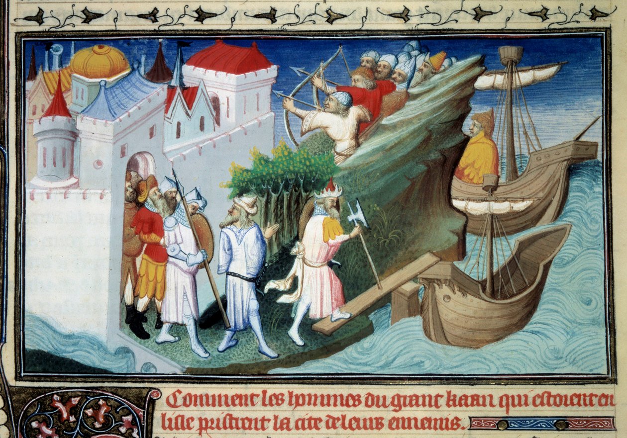 Den store khanen mot japanerna eller "Hur männen från den store khanen som omringade ön tog sina fienders stad." Miniatyr hämtad från "" The Book of Wonders """ av Marco Polo (1254-1324). Upplyst av Master of Egerton av Master of Egerton