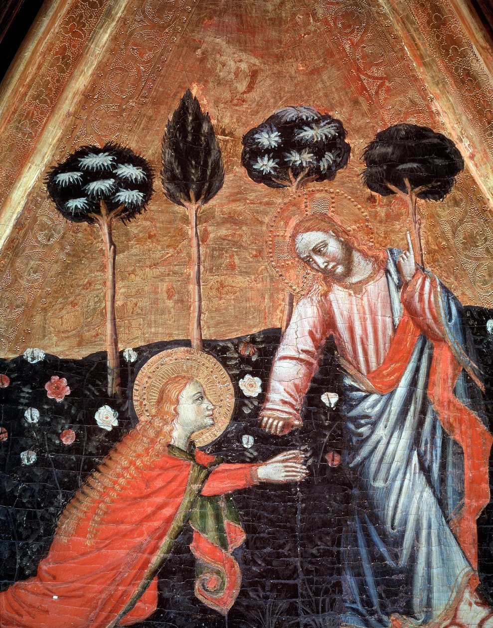 Noli me tangere (Ne me pas touche) Detail du triptych de saint Vincent de Estopinan del castillo (Triptyk av St Vincent of Estopinan del castillo) Målning du maitre de Estopanya (Målning av mästaren av Estopinan) 1350-1370 Barcelona, ​​​​Museu National d 