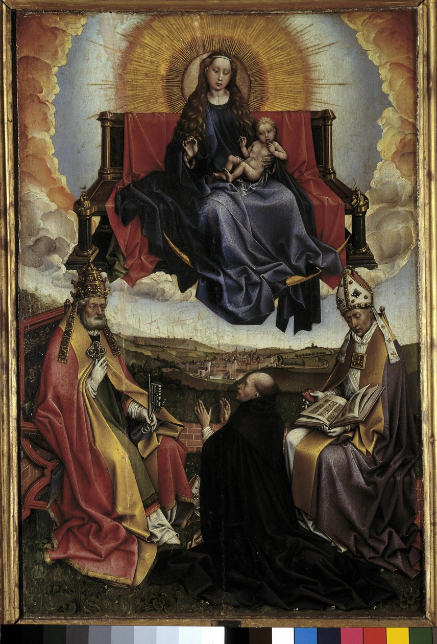Virgin in Glory mellan St. Peter och St. Augustine. Målning av Robert Campin kallad Mästaren av Flemalle (1378-1444) Musee Granet, Aix en provence av Master of Flémalle