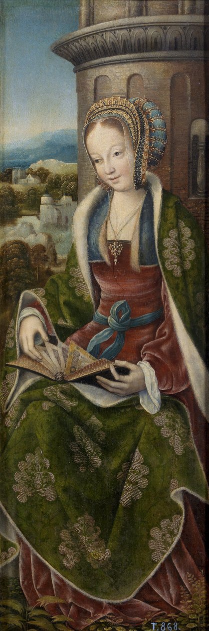 Barbe la grande martyre - Triptyk av den heliga familjen med musik som gör änglar. Höger panel: Saint Barbara par Master of Frankfurt (1460-ca. 1533), ca 1510-1520 - Olja på trä, 79x27 - Museo del Prado, Madrid av Master of Frankfurt
