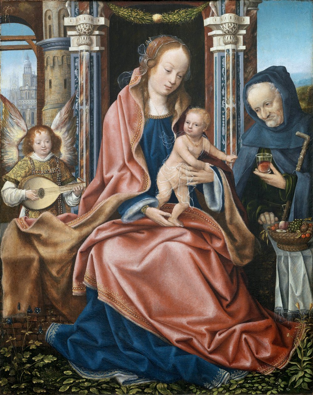 The Holy Family - Triptyk of the Holy Family with Music Making Angels - Centralpanel, målning av mästaren i Frankfurt (ca 1460-1533), ca 1510-1520 - Olja på trä, 78x60 - Museo del Prado, Madrid av Master of Frankfurt