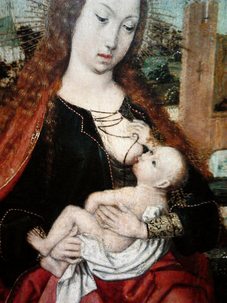 Madonna med barn krönt av två änglar (detalj). av Master of Frankfurt