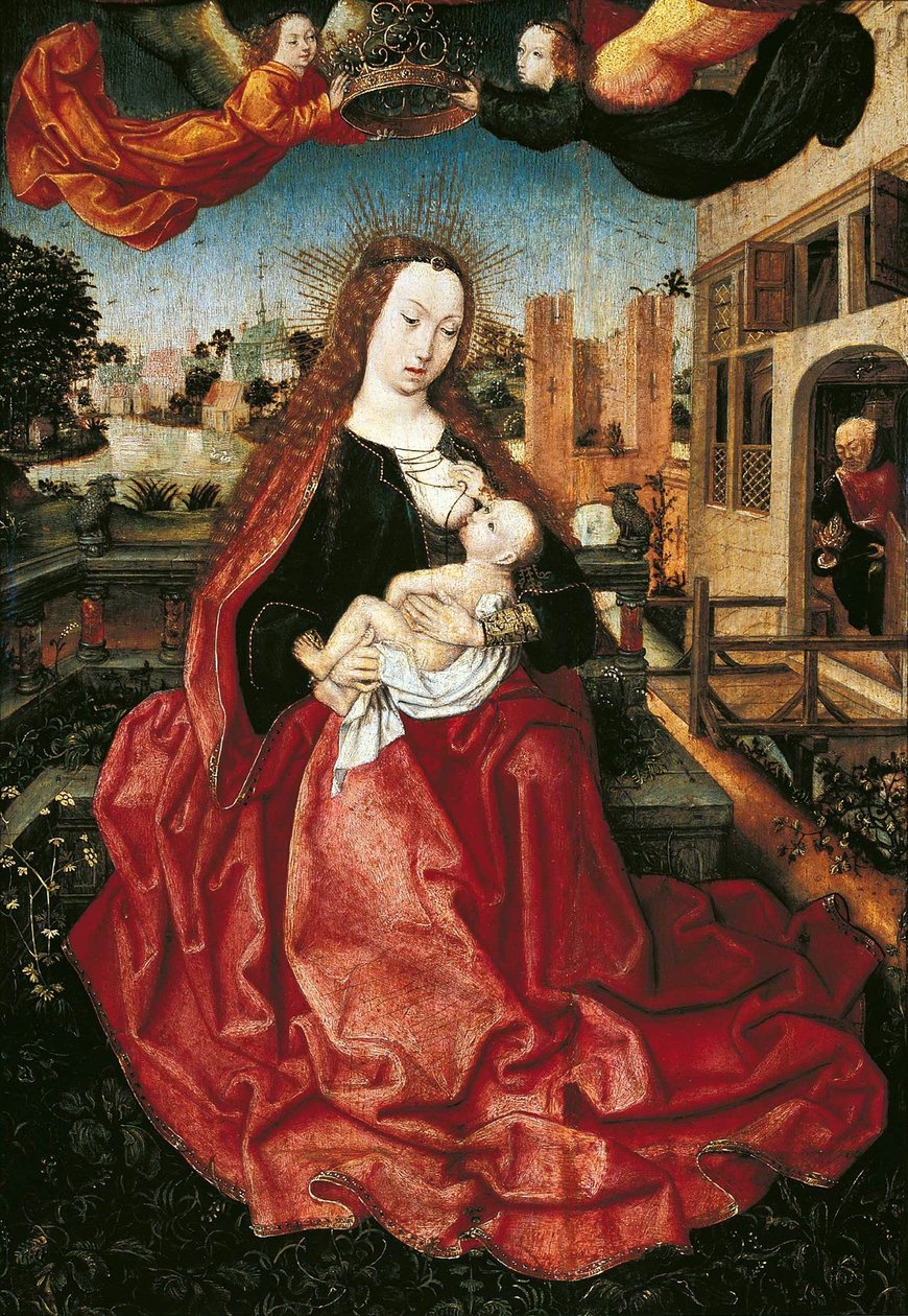 Madonna och barn krönt av två änglar, 1490-talet av Master of Frankfurt