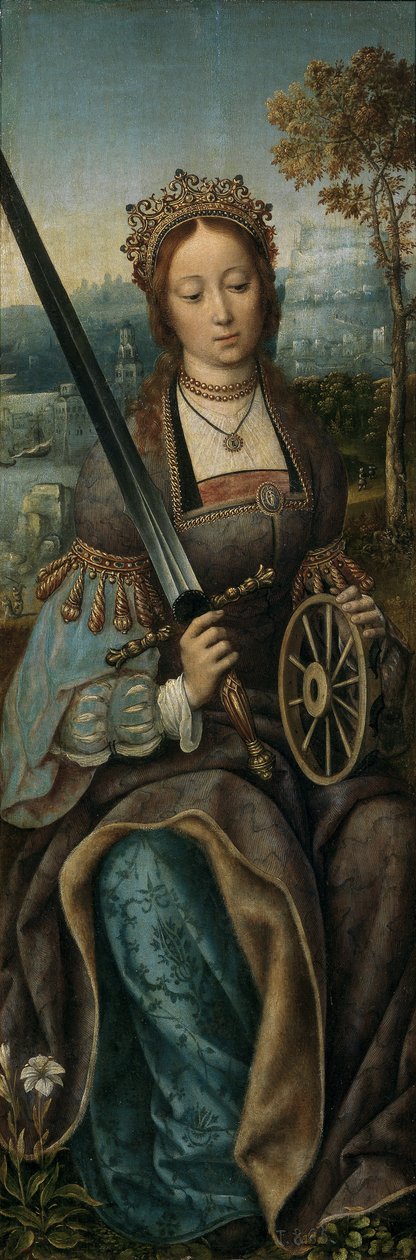 Triptyk av den heliga familjen med musik som gör änglar. Vänster panel: Saint Catherine, ca 1510-1520 av Master of Frankfurt