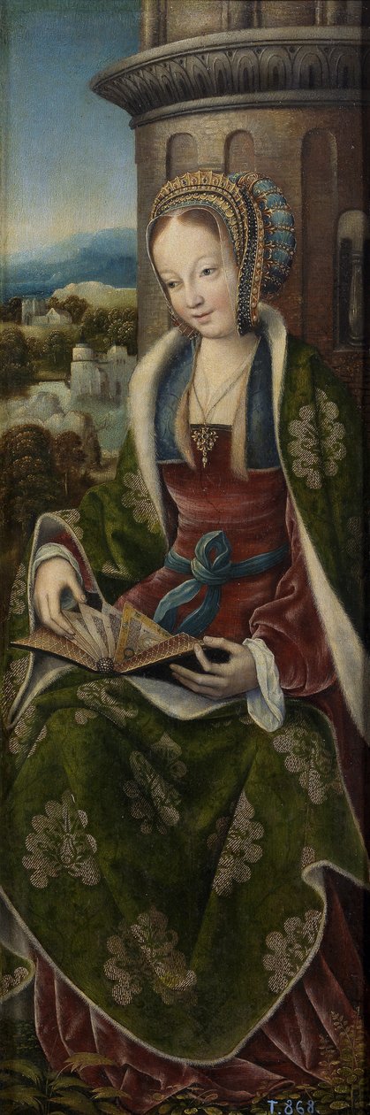 Triptyk av den heliga familjen med musik som gör änglar. Höger panel: Saint Barbara, ca 1510-1520 av Master of Frankfurt