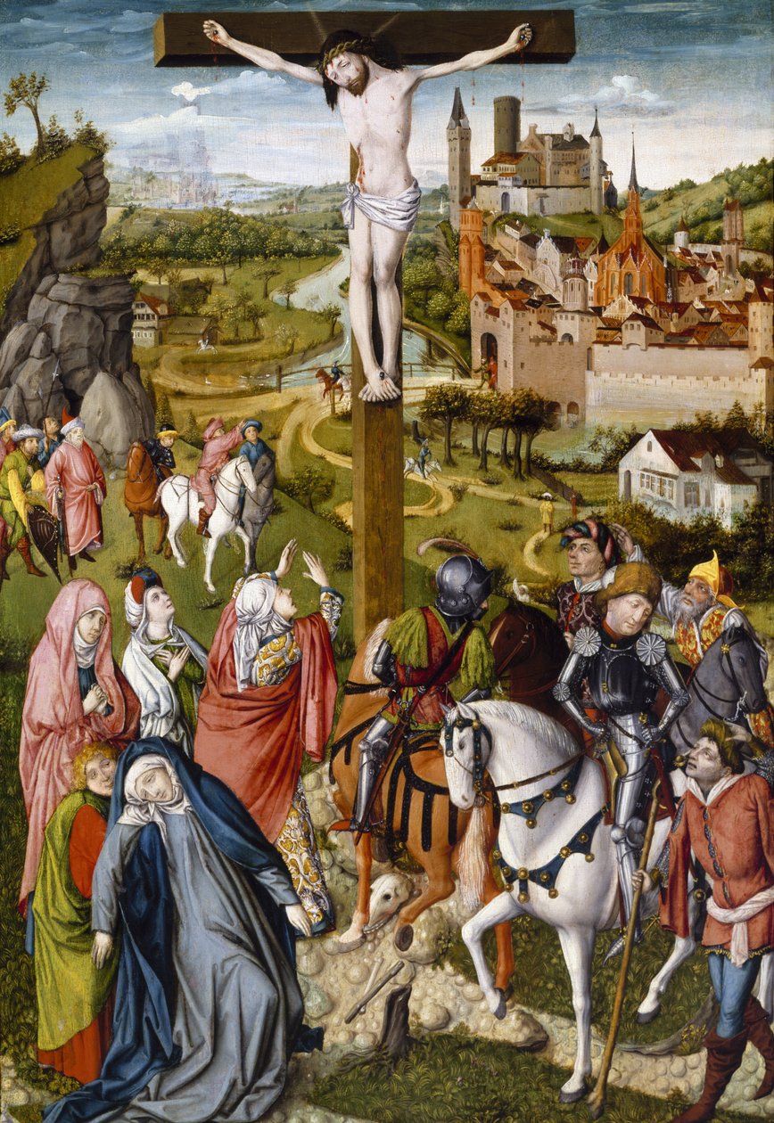 The Crucifixion, c.1465-70 (tempera och olja på trä) av Master of Georg Muehlichs Meisterlin Chronicle attr. to Master of Georg Muehlichs Meisterlin Chronicle attr. to