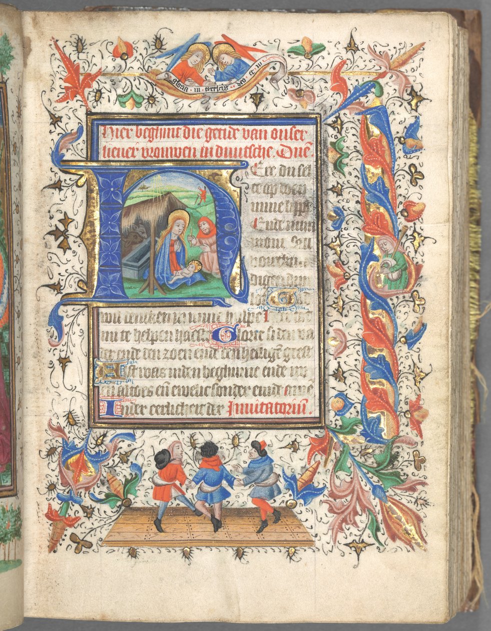 Tidsbok Användning av Utrecht: fol. 14r, Initial med The Nativity, ca. 1460-1465. av Master of Gijsbrecht van Brederode