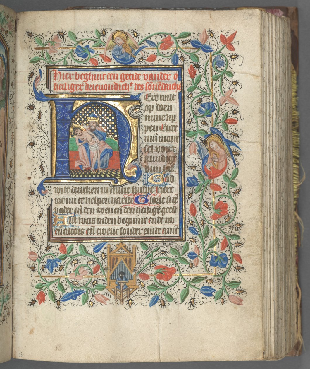 Tidsbok Användning av Utrecht: fol. 63r, Initial med helig treenighet, ca. 1460-1465. av Master of Gijsbrecht van Brederode