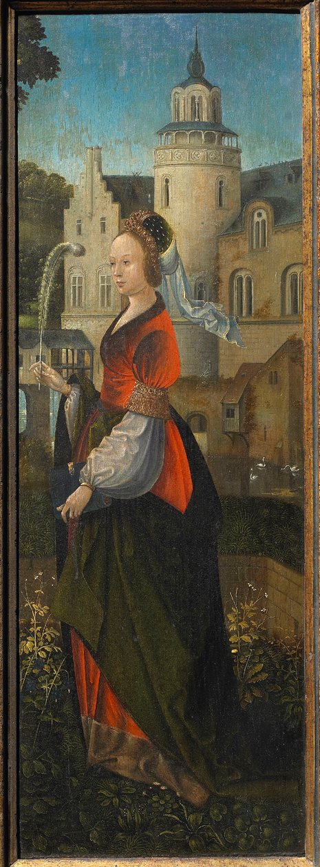 Sankta Barbara. Helig familj med änglar och heliga Katarina och Barbara Triptyk, 1500-talet. av Master of Hoogstraeten