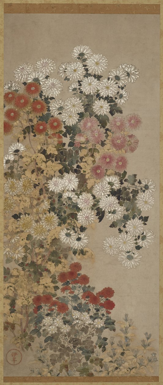 Krysantemum, Hängande rulle (monterad på panel), 1600-30 (färg på papper) av Master of I nen Seal