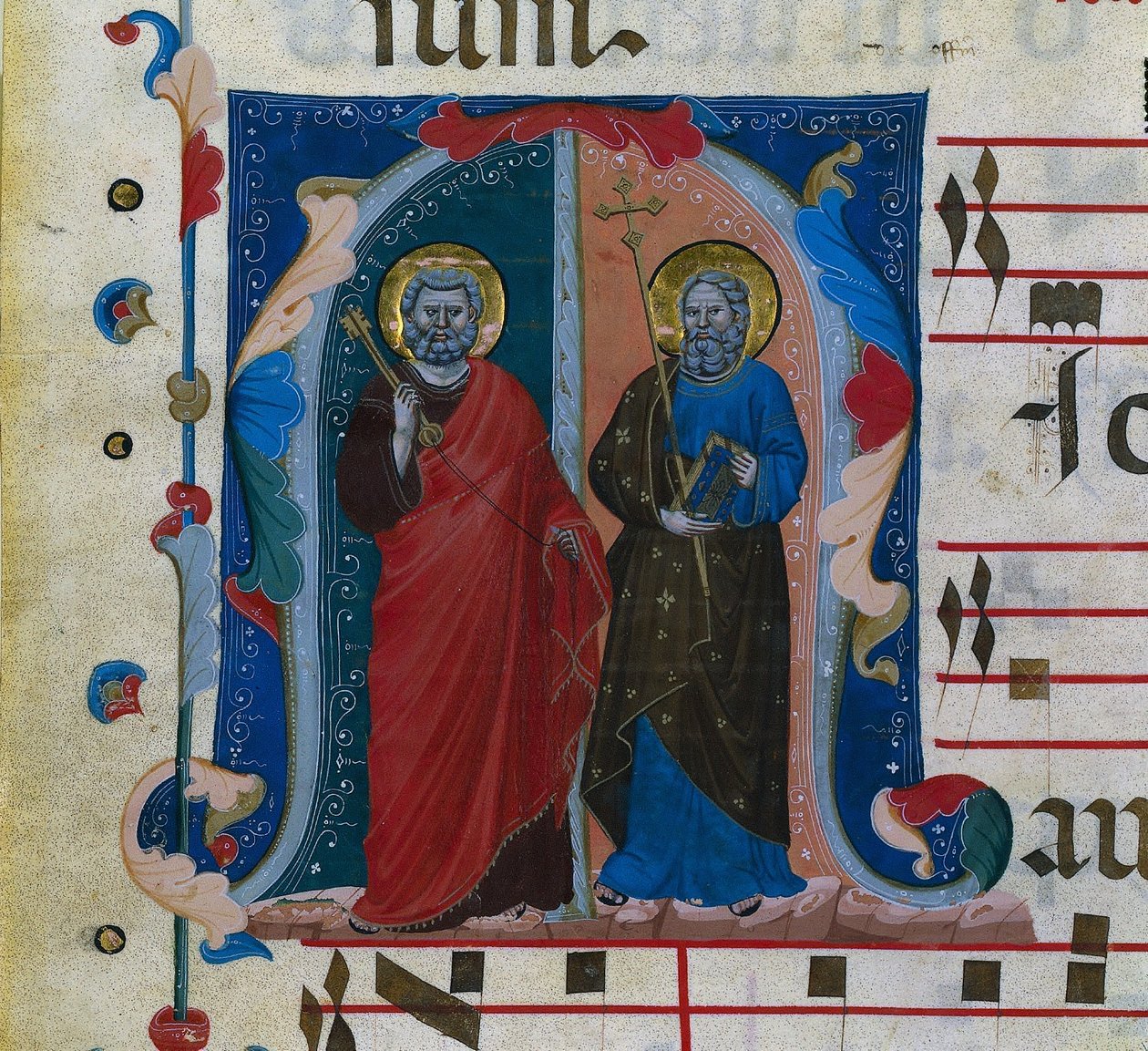 Blad från en Gradual med Historiad initial M: SS. Peter och Andrew, ca. 1320-1340. av Master of Isaac and Esau