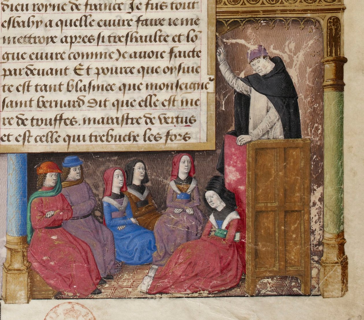 Jacques de Voragine predikar, detalj av en miniatyr från framsidan av en handskrift av den gyllene legenden. av Master of Jacques de Besançon