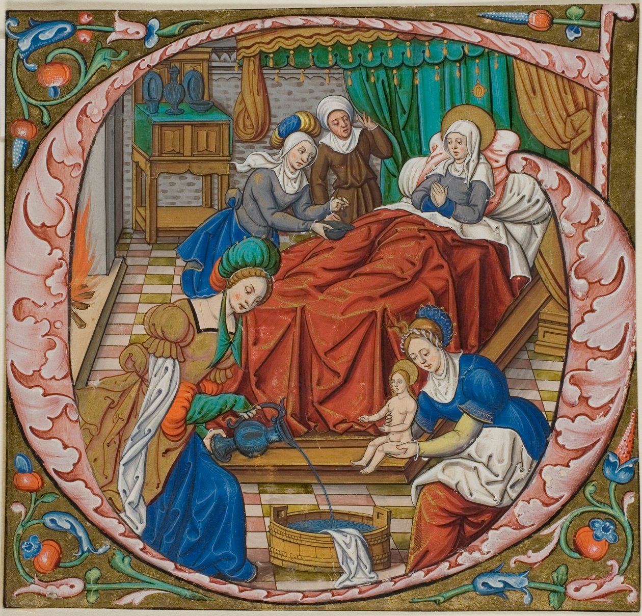 Jungfruns födelse i ett historiskt initialt "G" från en antifonal av Master of Jacques de Besançon