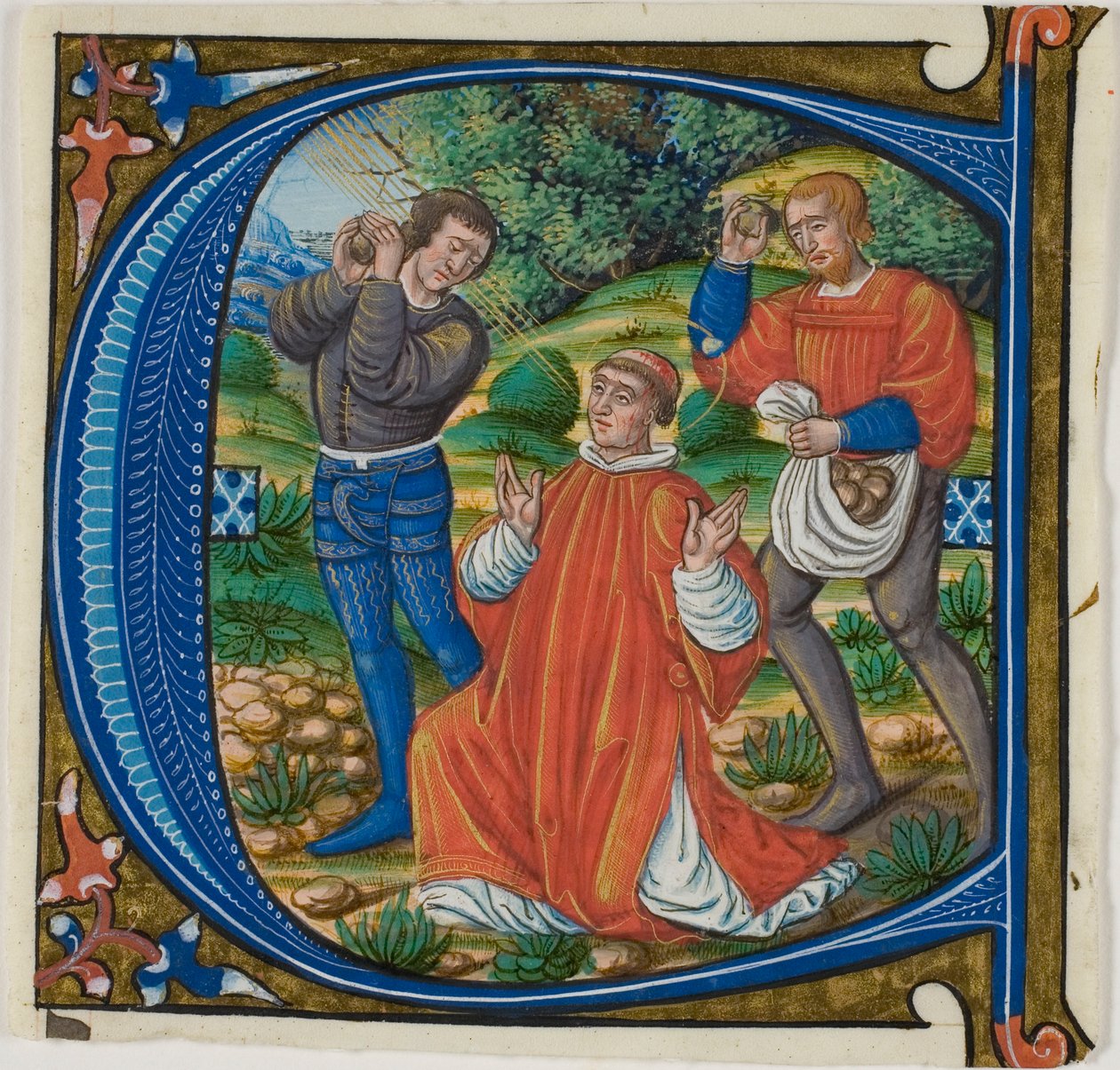 Steningen av Saint Stephen i en historisk initial "A" eller "C" från en Gradual av Master of Jacques de Besançon