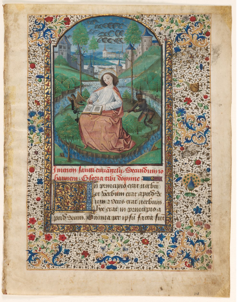 Leaf from a Book of Hours: John on Patmos (1 av 2 utskurna löv) av Master of Jacques de Luxembourg