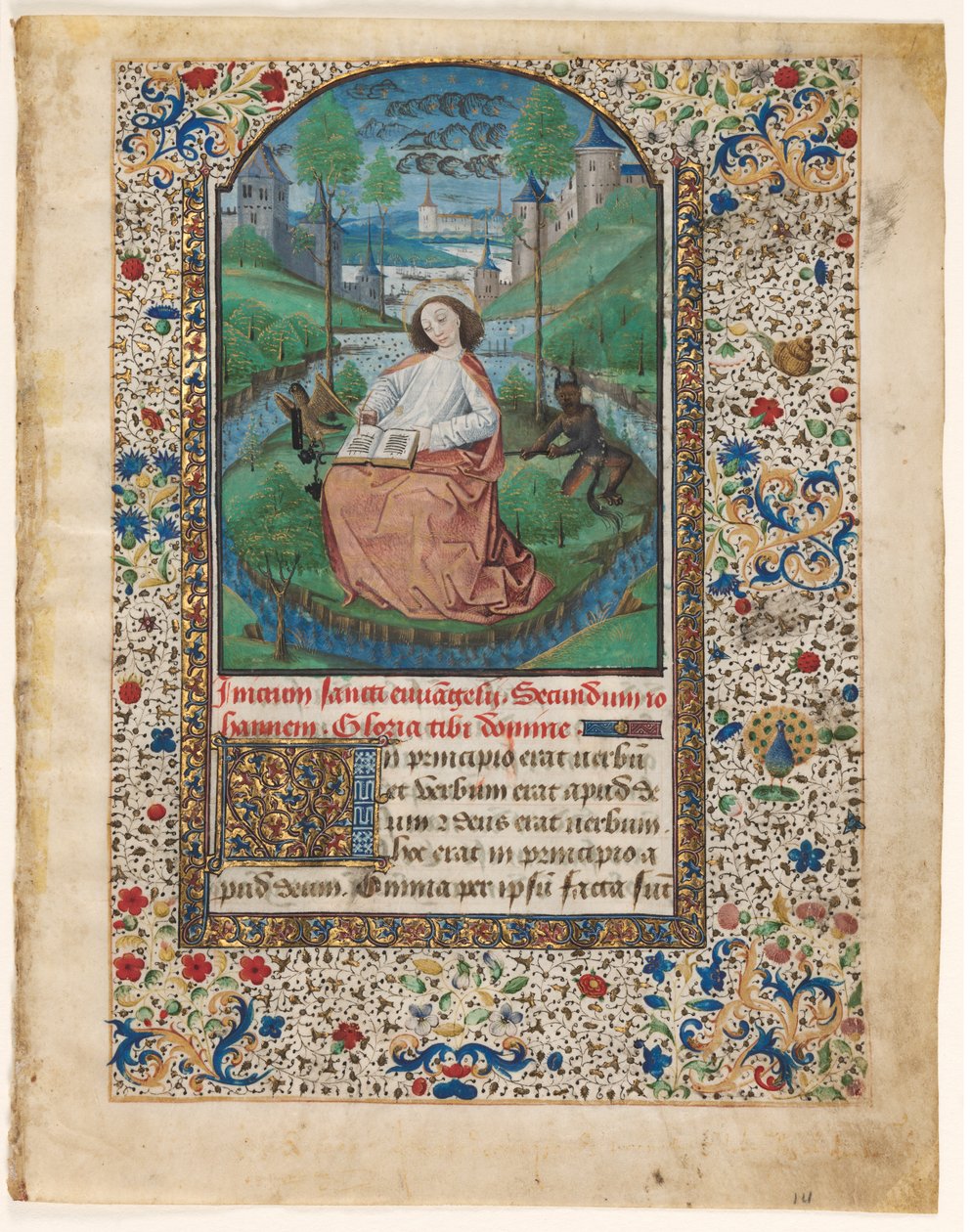 Blad från en timbok: Johannes på Patmos 1 av 2 utskurna löv, ca. 1465. av Master of Jacques de Luxembourg