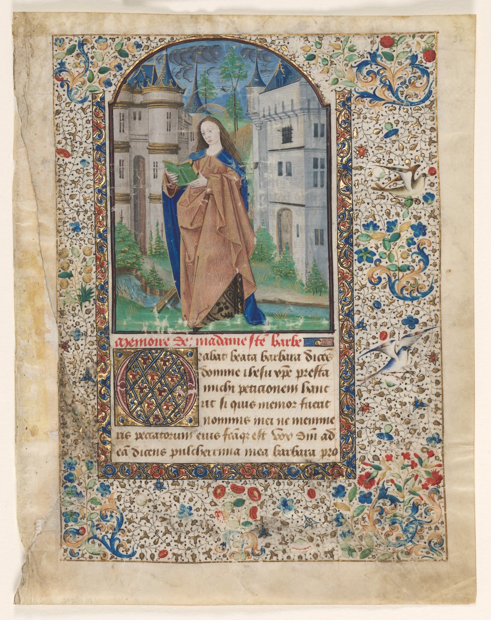 Blad från en timbok: St. Barbara (2 av 2 utskurna löv) av Master of Jacques de Luxembourg