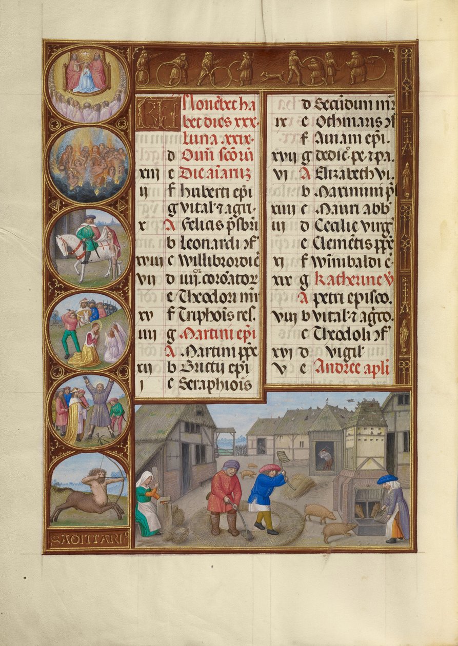 Kalendersida för november; Tröskning och grisutfodring; Skytten av Master of James IV of Scotland