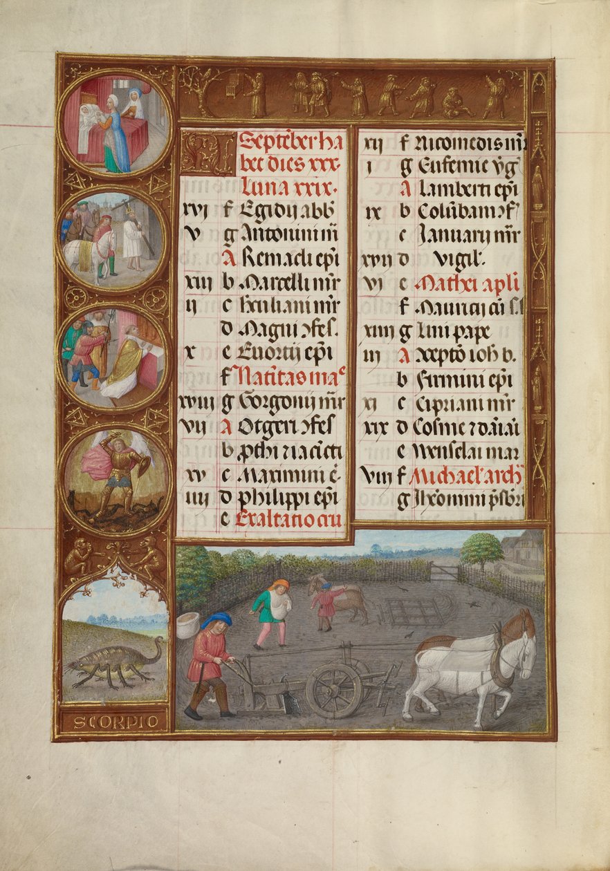Kalendersida för september; Plöjning och sådd; Skorpionen av Master of James IV of Scotland