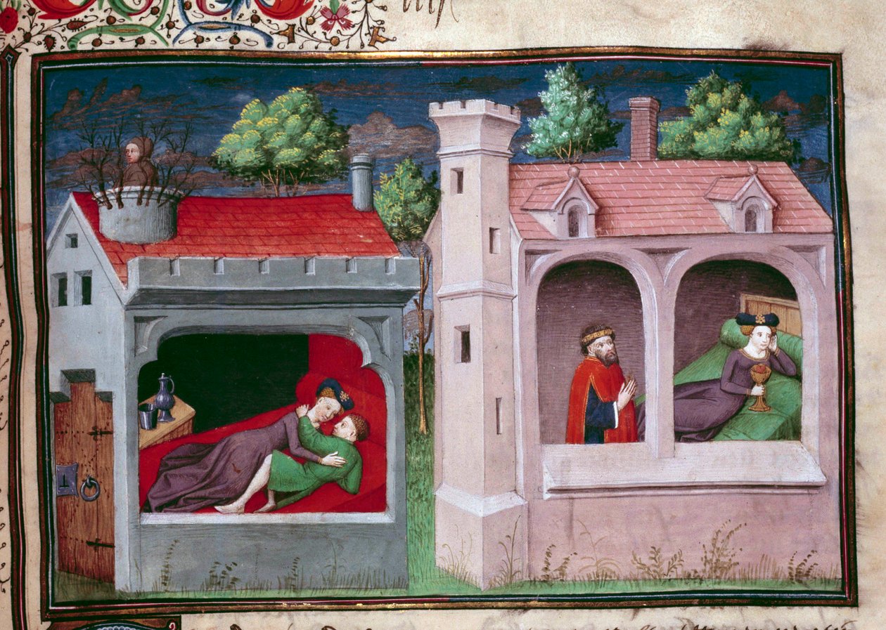 Galant scen: två par som pratar. Sida av ett manuskript på franska av "Decameron"" av Giovanni Boccaccio dit Jean Boccace (1313-1375), italiensk författare, upplyst av Mästaren av Mansel. 1450. Paris, Arsenals bibliotek av Master of Jean Mansel
